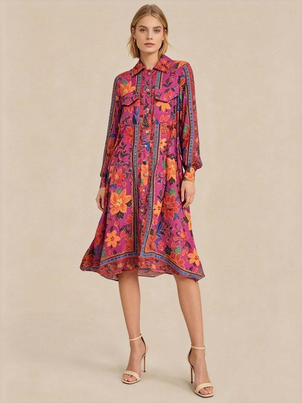 NWOT Farm Rio Multicolor Floral Long Sleeves Pockets Midi Dress Size XS